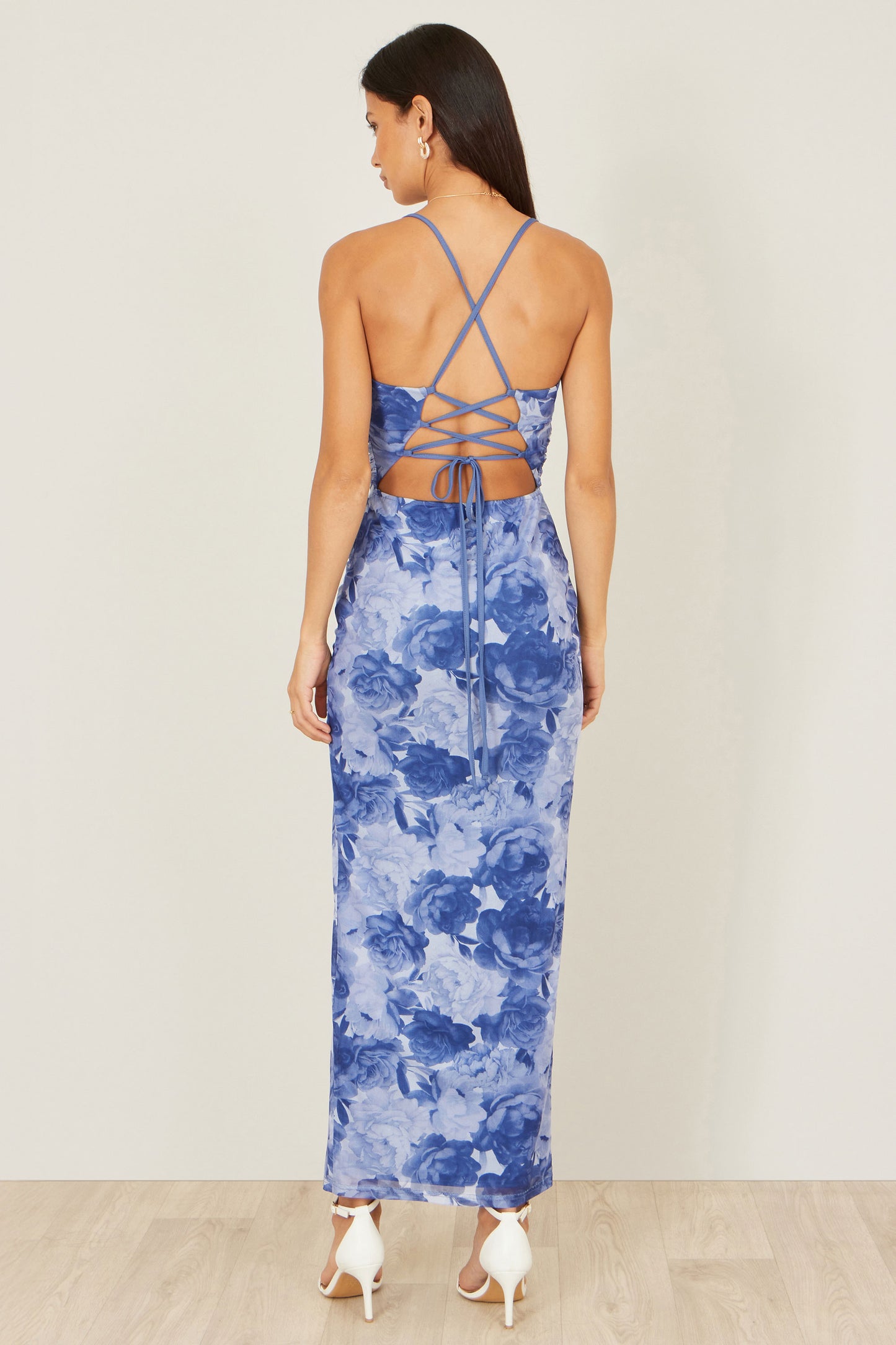 Yumi Blue Mesh Ruched Midi Dress With Split Dress Occasion Yumi