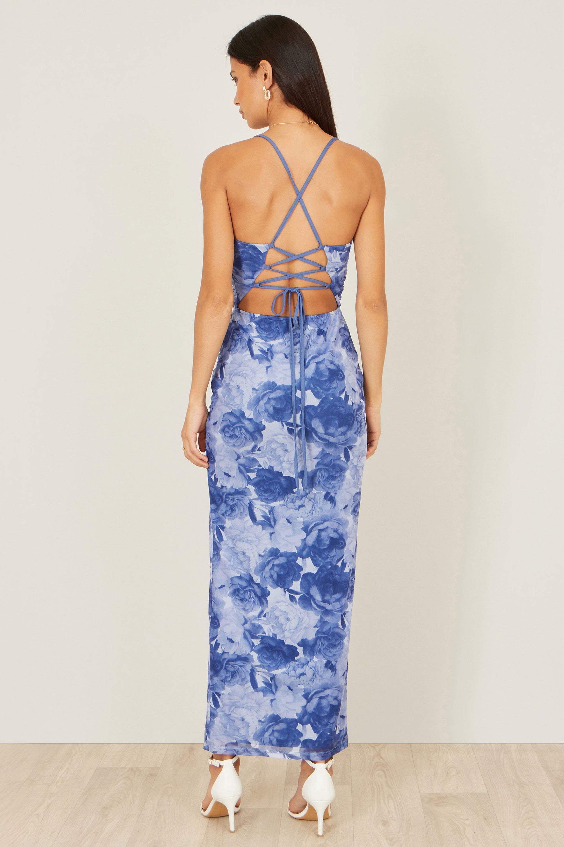 Yumi Blue Mesh Ruched Midi Dress With Split Dress Occasion Yumi