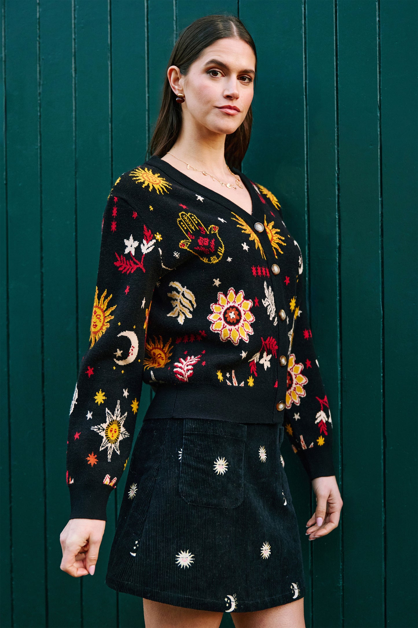 Yumi Black Cosmic Intarsia Cardigan Knit Cardigan Yumi