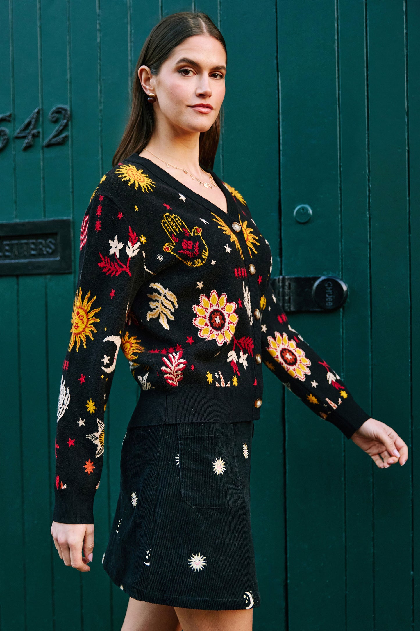 Yumi Black Cosmic Intarsia Cardigan Knit Cardigan Yumi