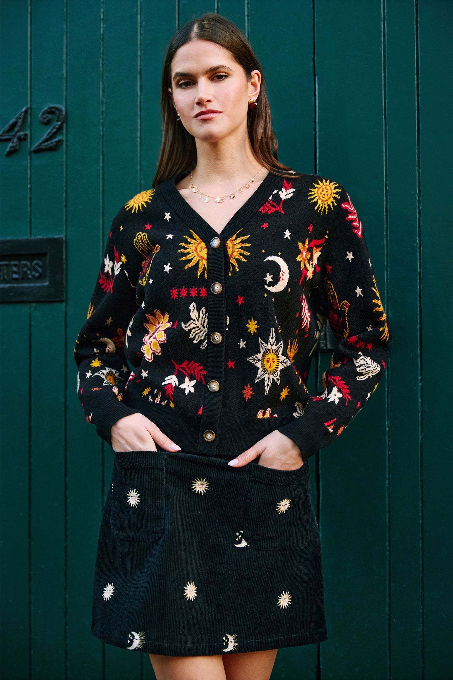 Yumi Black Cosmic Intarsia Cardigan Knit Cardigan Yumi