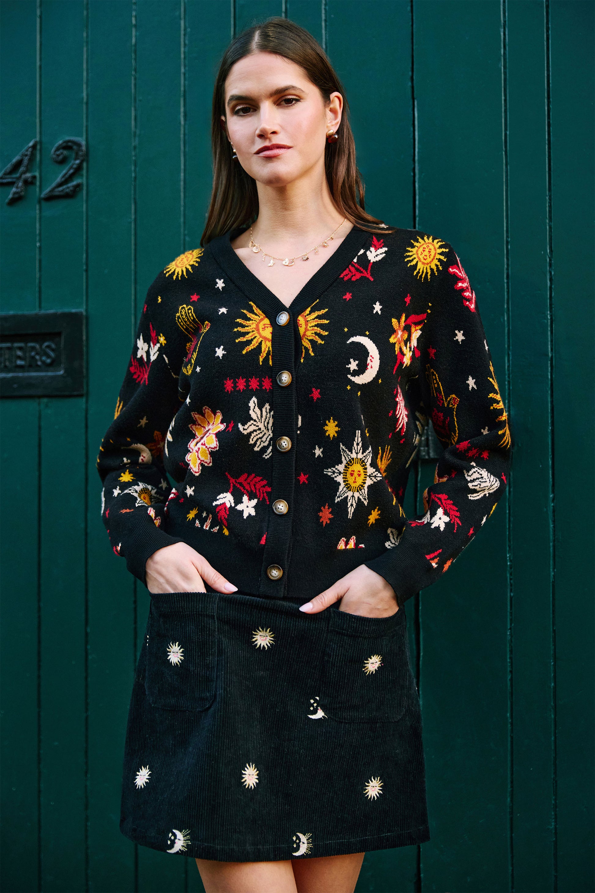 Yumi Black Cosmic Intarsia Cardigan Knit Cardigan Yumi