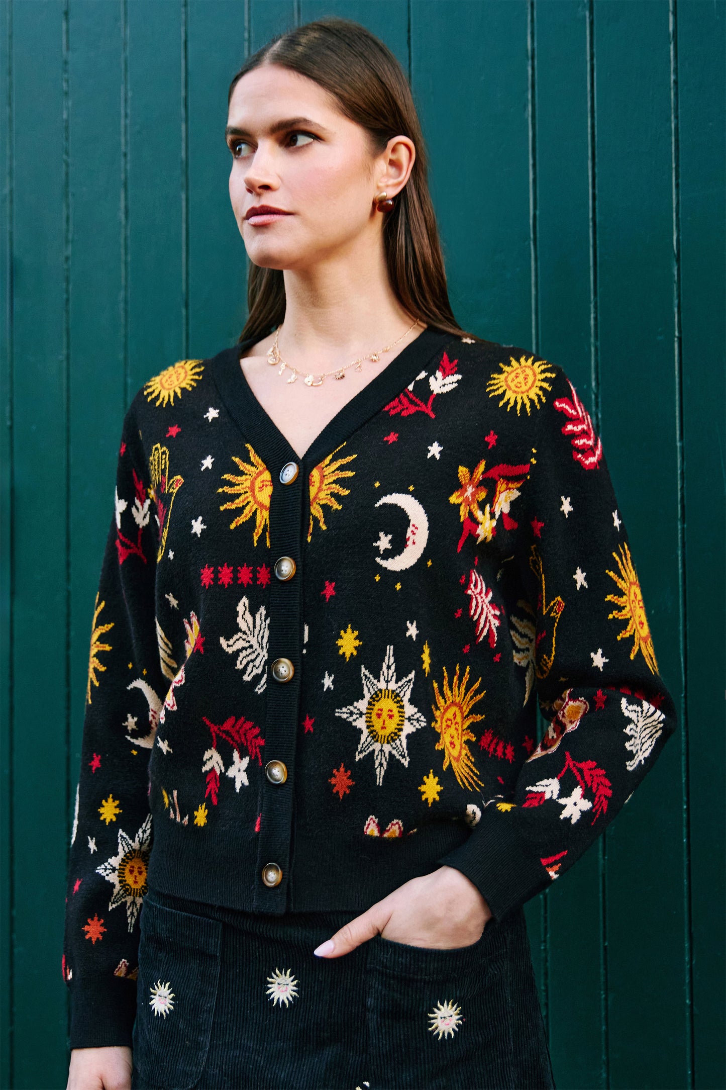 Yumi Black Cosmic Intarsia Cardigan Knit Cardigan Yumi