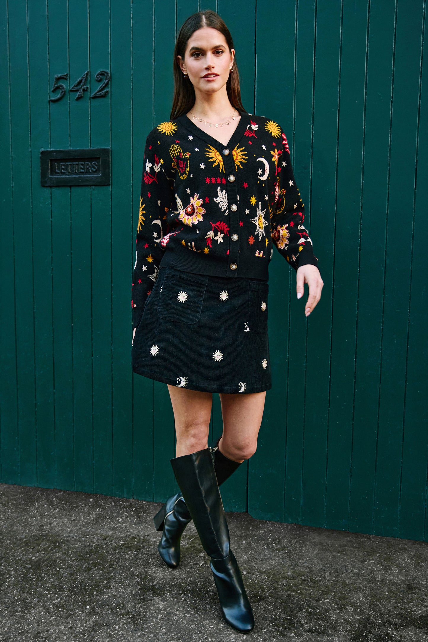 Yumi Black Cosmic Intarsia Cardigan Knit Cardigan Yumi