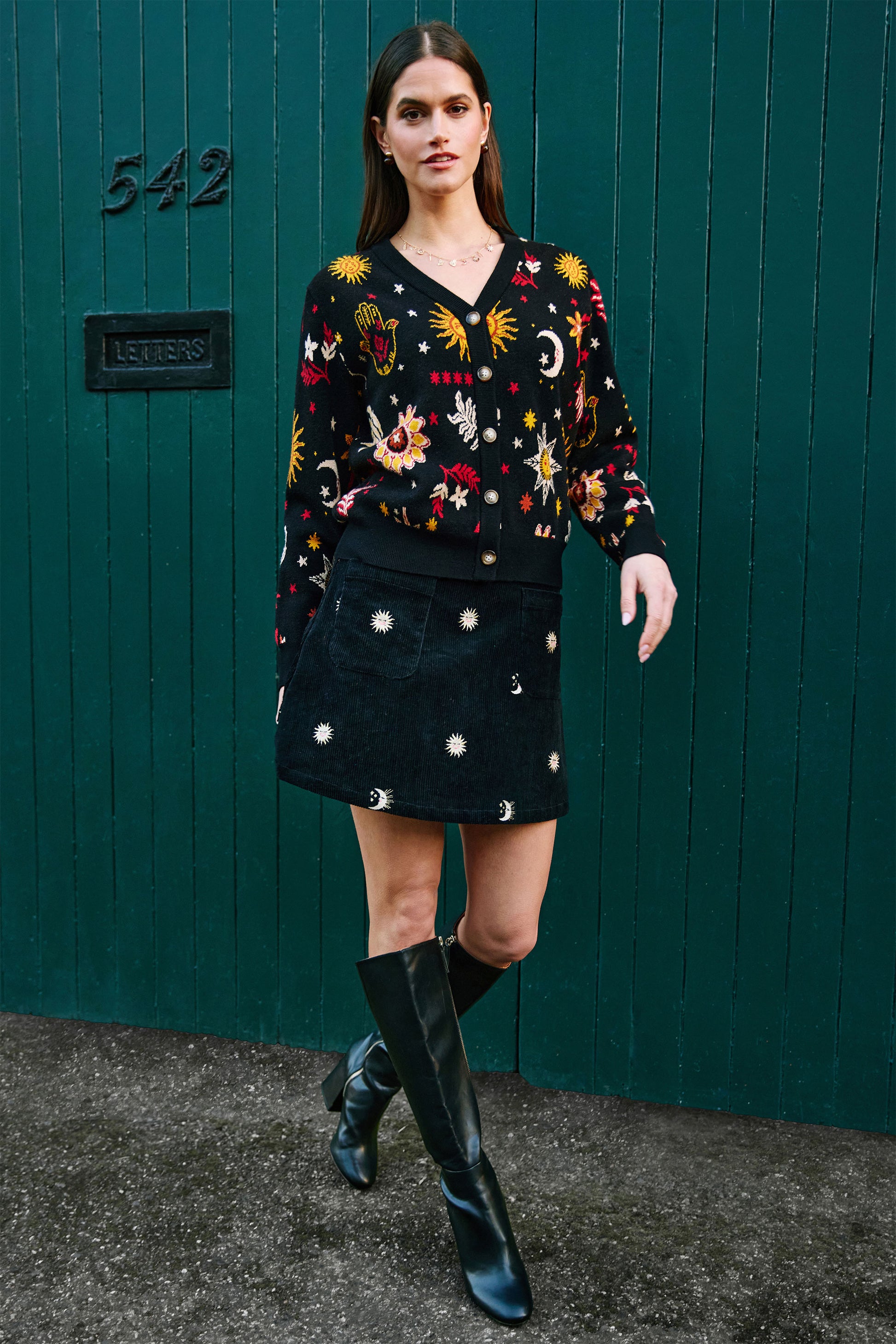 Yumi Black Cosmic Intarsia Cardigan Knit Cardigan Yumi