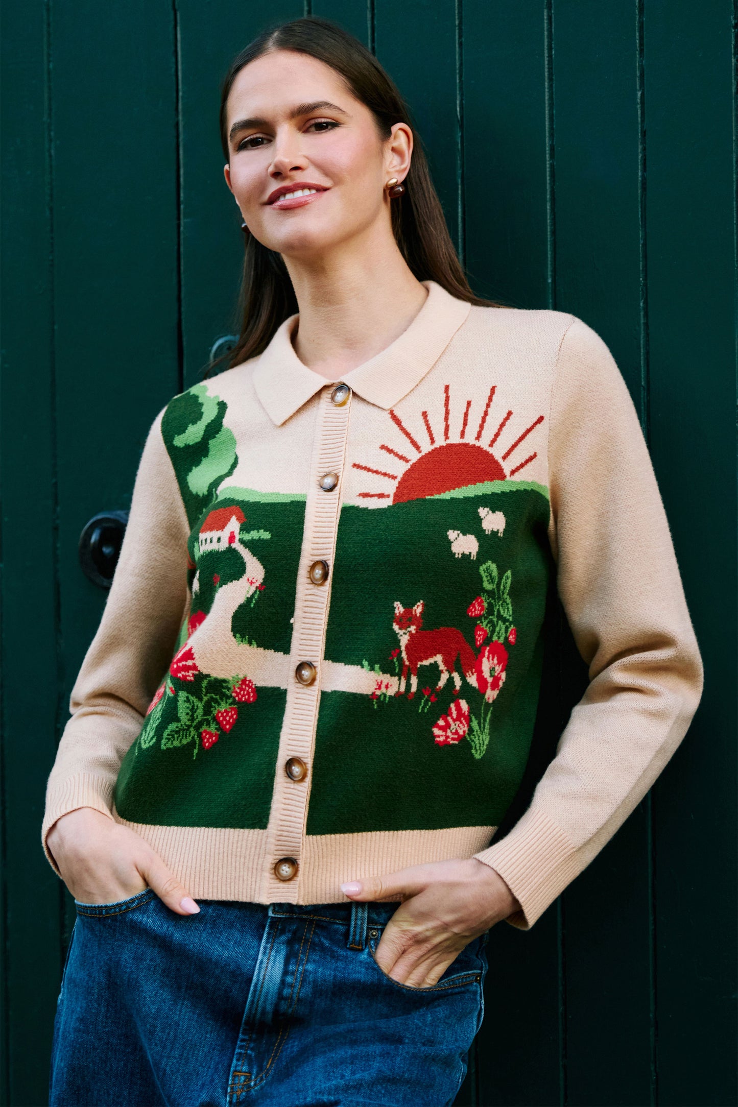 Yumi Beige Fox Scene Viscose Knitted Box Jacket Knit Cardigan Yumi