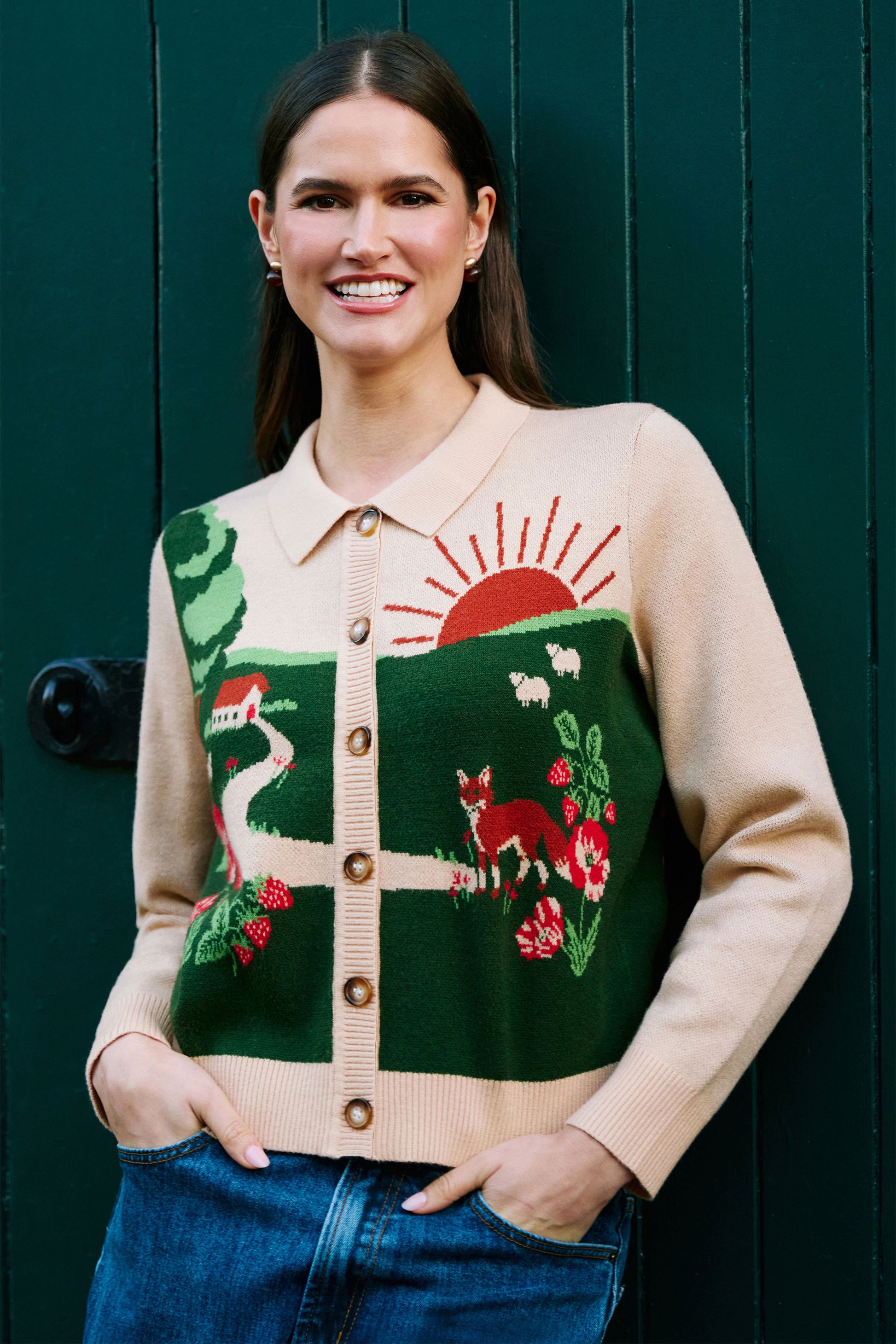 Yumi Beige Fox Scene Viscose Knitted Box Jacket Knit Cardigan Yumi