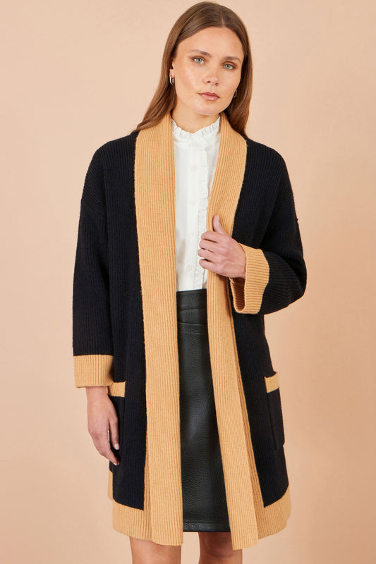 Yumi Black Open Cardigan With Contrast Border Knit Cardigan Yumi
