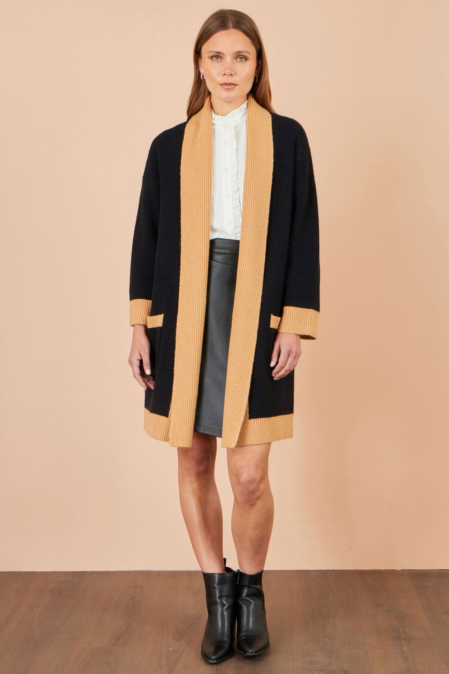 Yumi Black Open Cardigan With Contrast Border Knit Cardigan Yumi