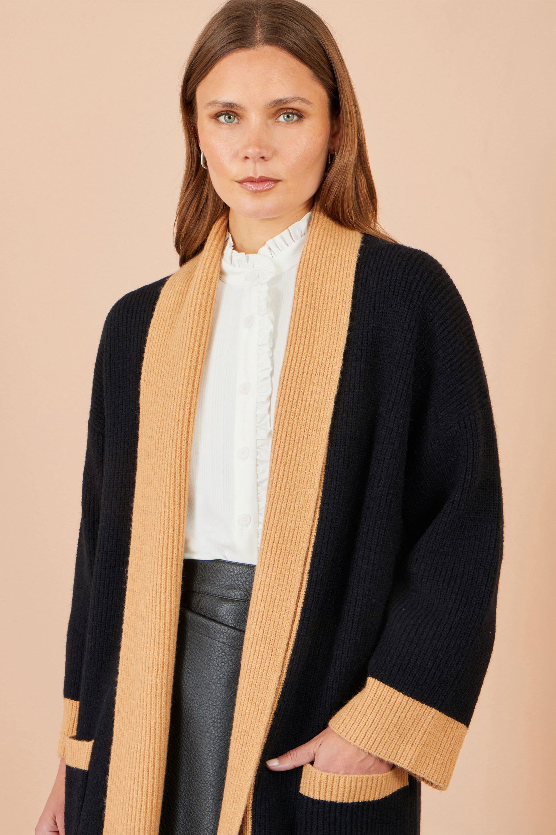 Yumi Black Open Cardigan With Contrast Border Knit Cardigan Yumi