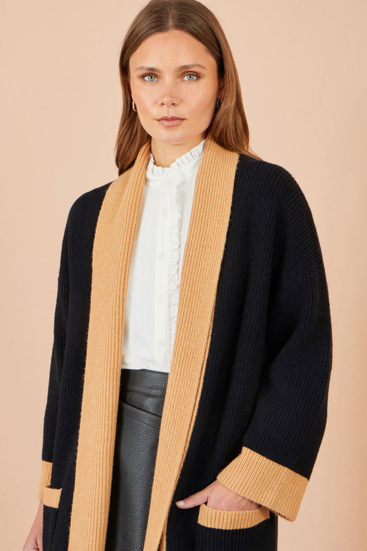 Yumi Black Open Cardigan With Contrast Border Knit Cardigan Yumi