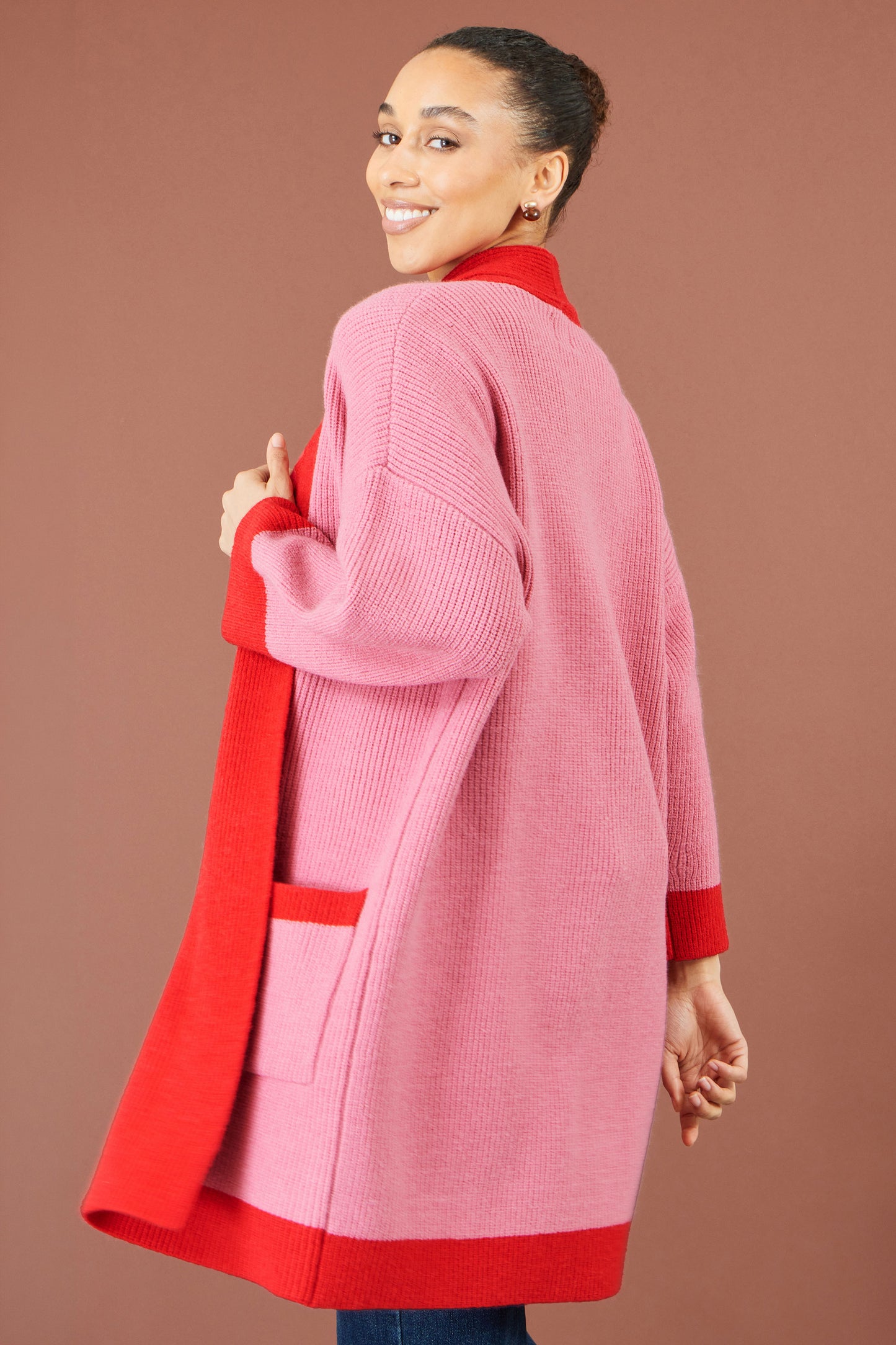 Yumi Pink Contrast Knitted Cardigan Knit Cardigan Yumi