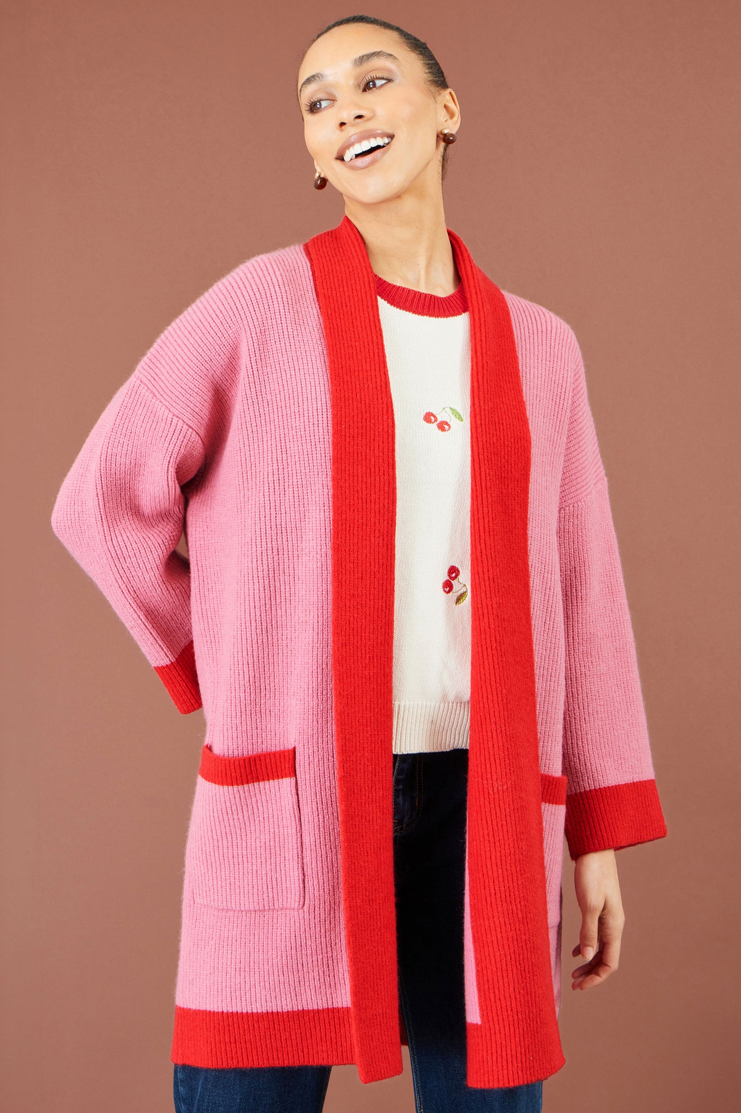 Yumi Pink Contrast Knitted Cardigan Knit Cardigan Yumi
