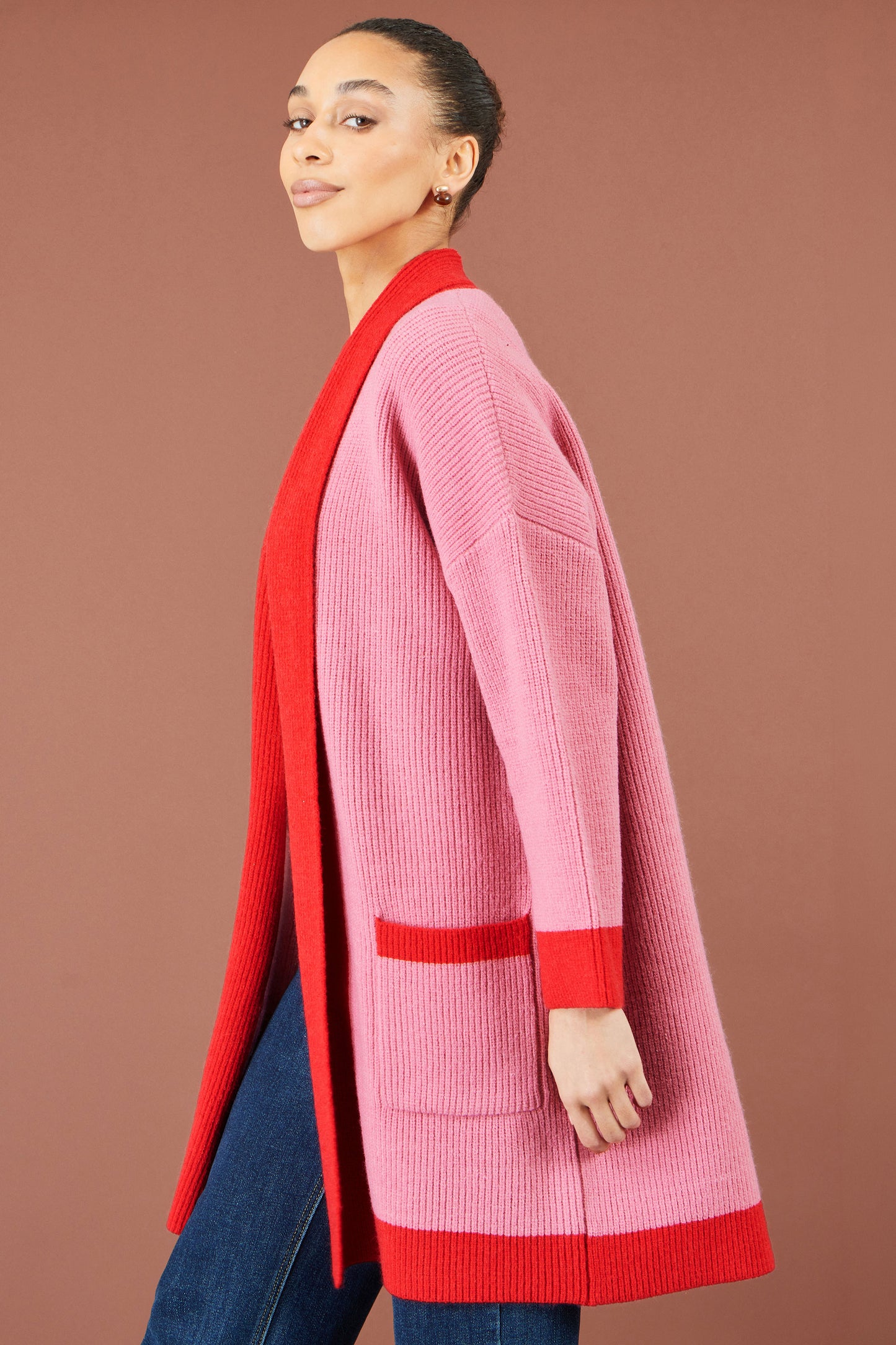 Yumi Pink Contrast Knitted Cardigan Knit Cardigan Yumi