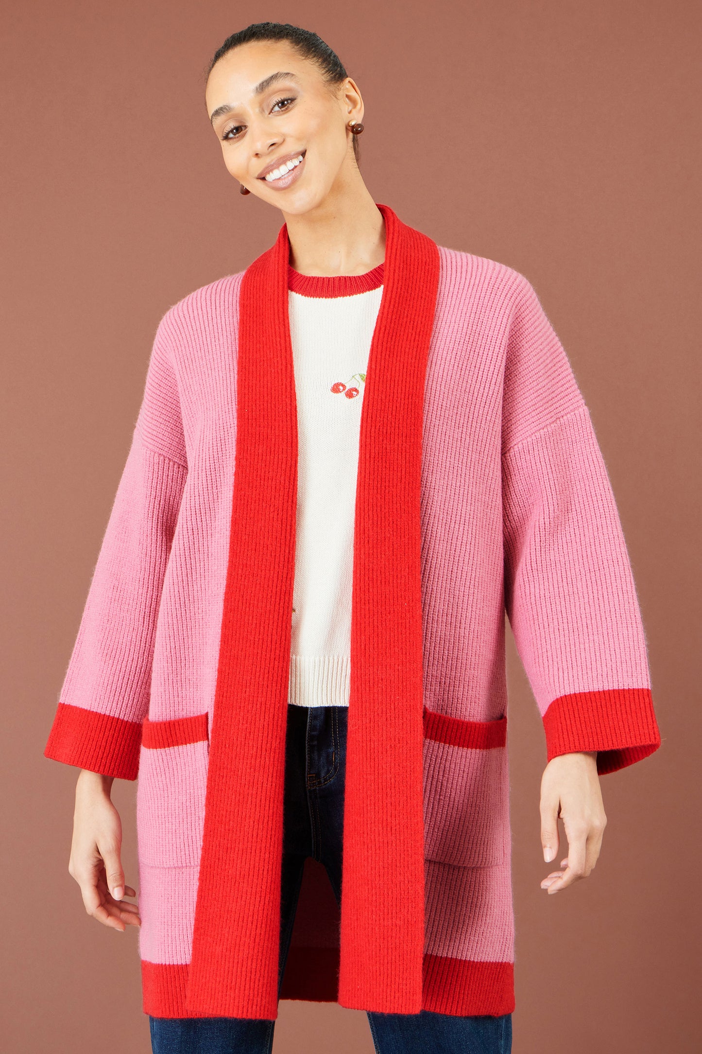 Yumi Pink Contrast Knitted Cardigan Knit Cardigan Yumi
