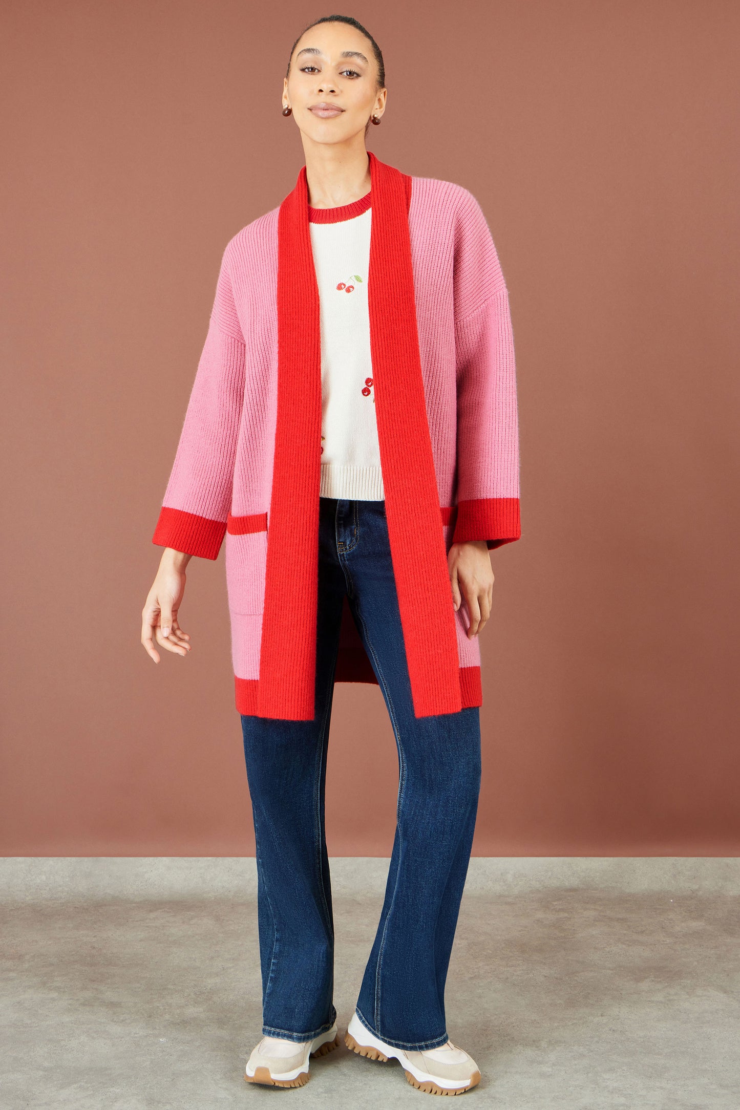 Yumi Pink Contrast Knitted Cardigan Knit Cardigan Yumi