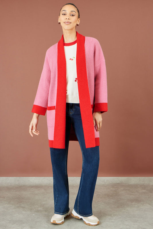 Yumi Pink Contrast Knitted Cardigan Knit Cardigan Yumi