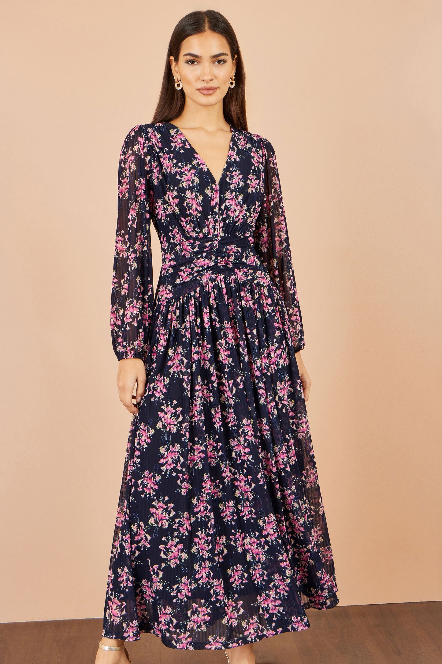 Yumi Navy Floral Mesh Ruched Waist Maxi Dress Dress Occasion Yumi