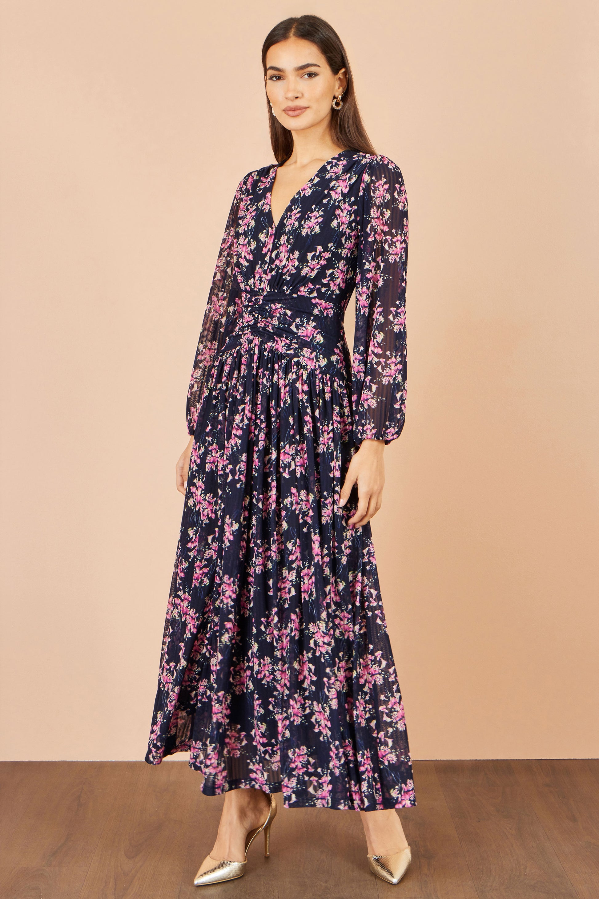Yumi Navy Floral Mesh Ruched Waist Maxi Dress Dress Occasion Yumi