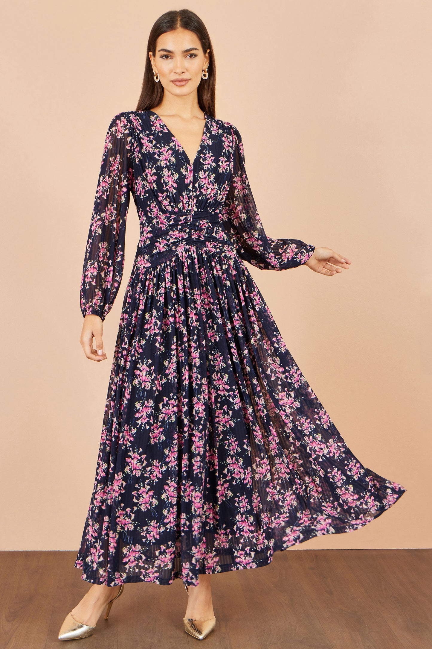 Yumi Navy Floral Mesh Ruched Waist Maxi Dress Dress Occasion Yumi