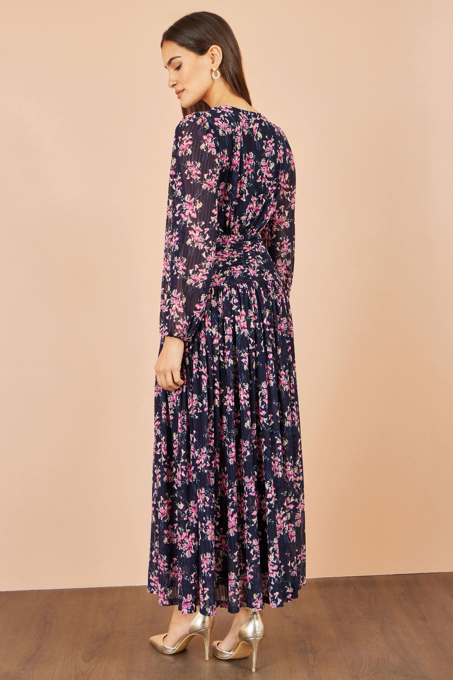 Yumi Navy Floral Mesh Ruched Waist Maxi Dress Dress Occasion Yumi