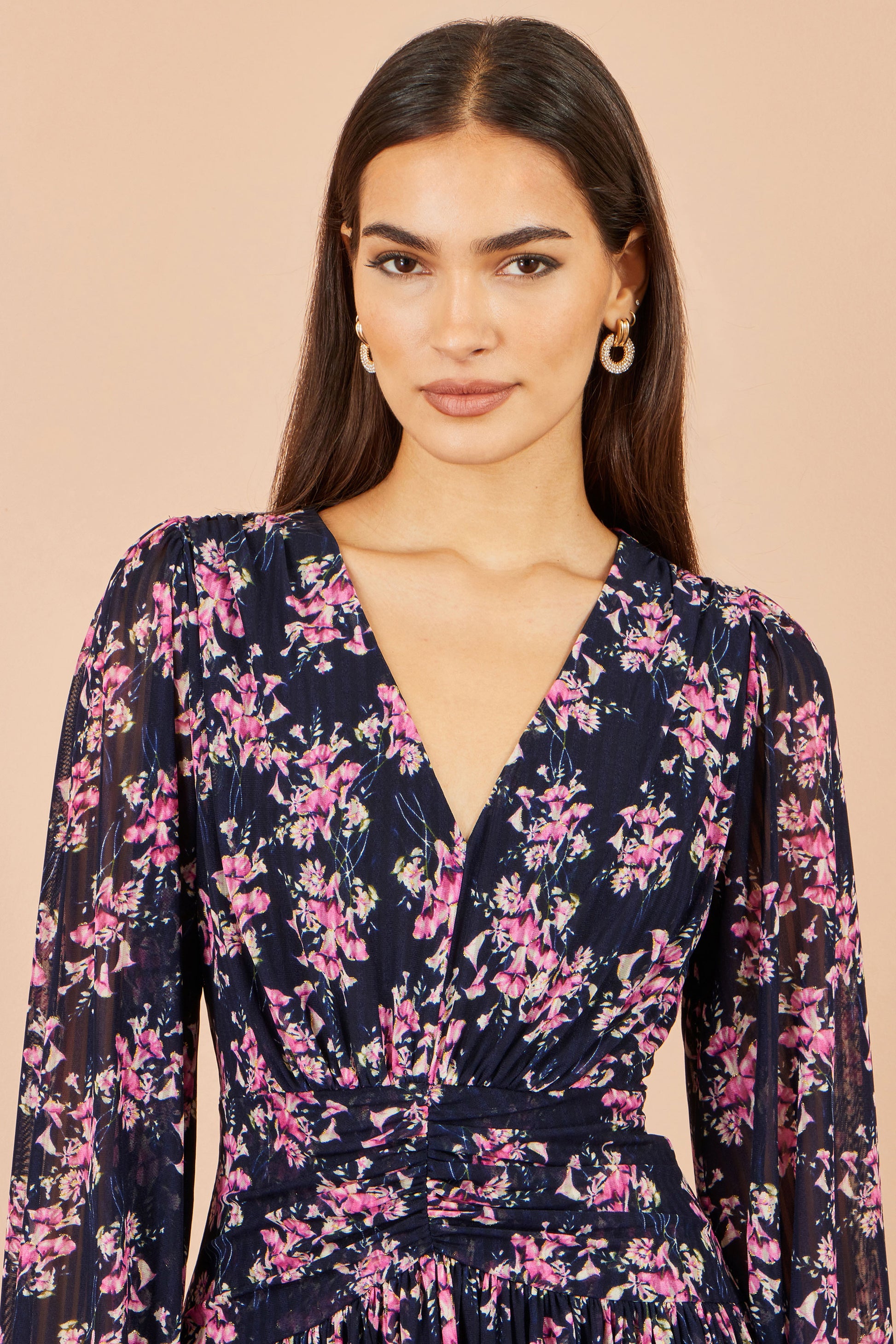 Yumi Navy Floral Mesh Ruched Waist Maxi Dress Dress Occasion Yumi