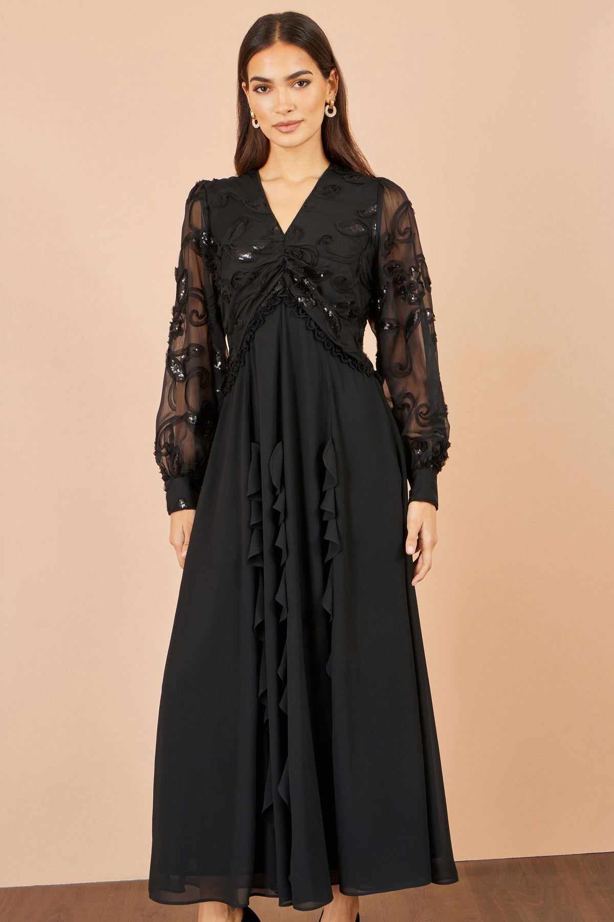 Yumi Black Sequin Bodice Maxi Dress With Ruffles Dress Party Yumi