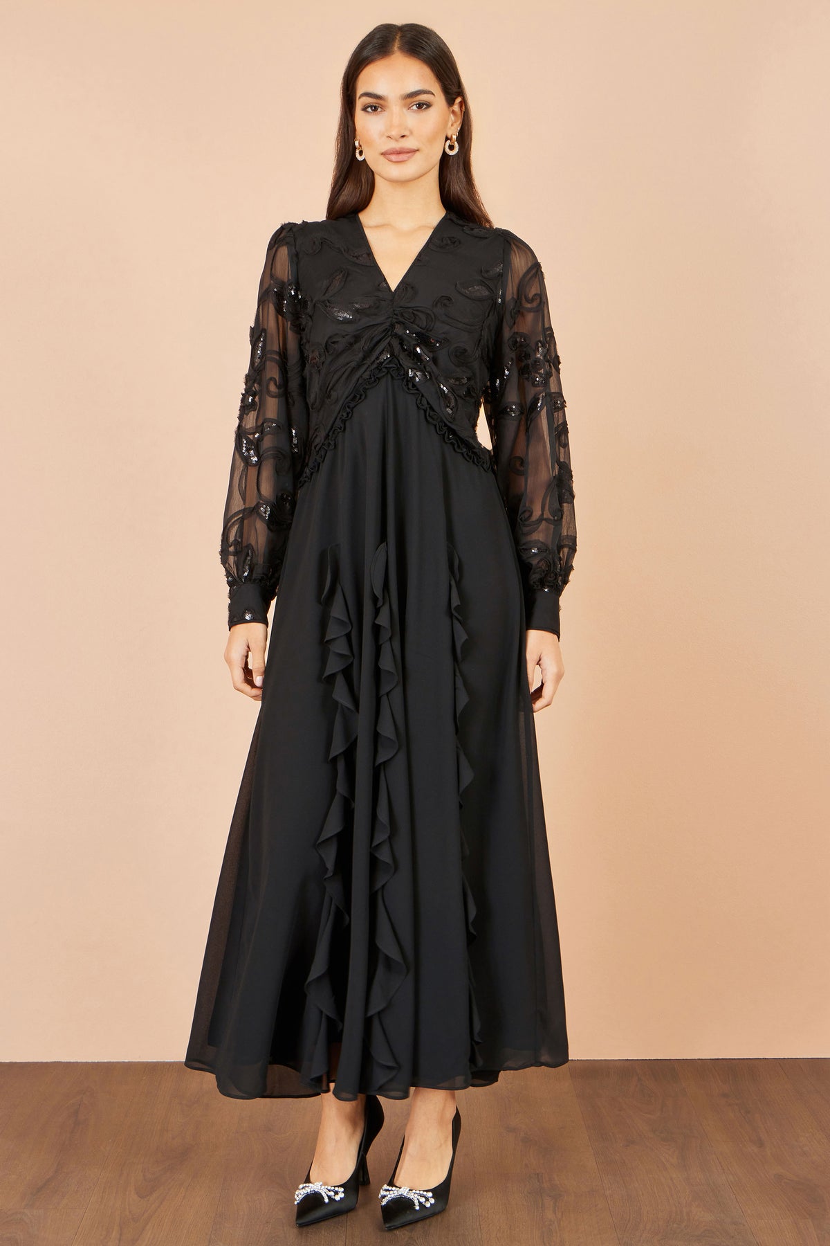 Yumi Black Sequin Bodice Maxi Dress With Ruffles Dress Party Yumi