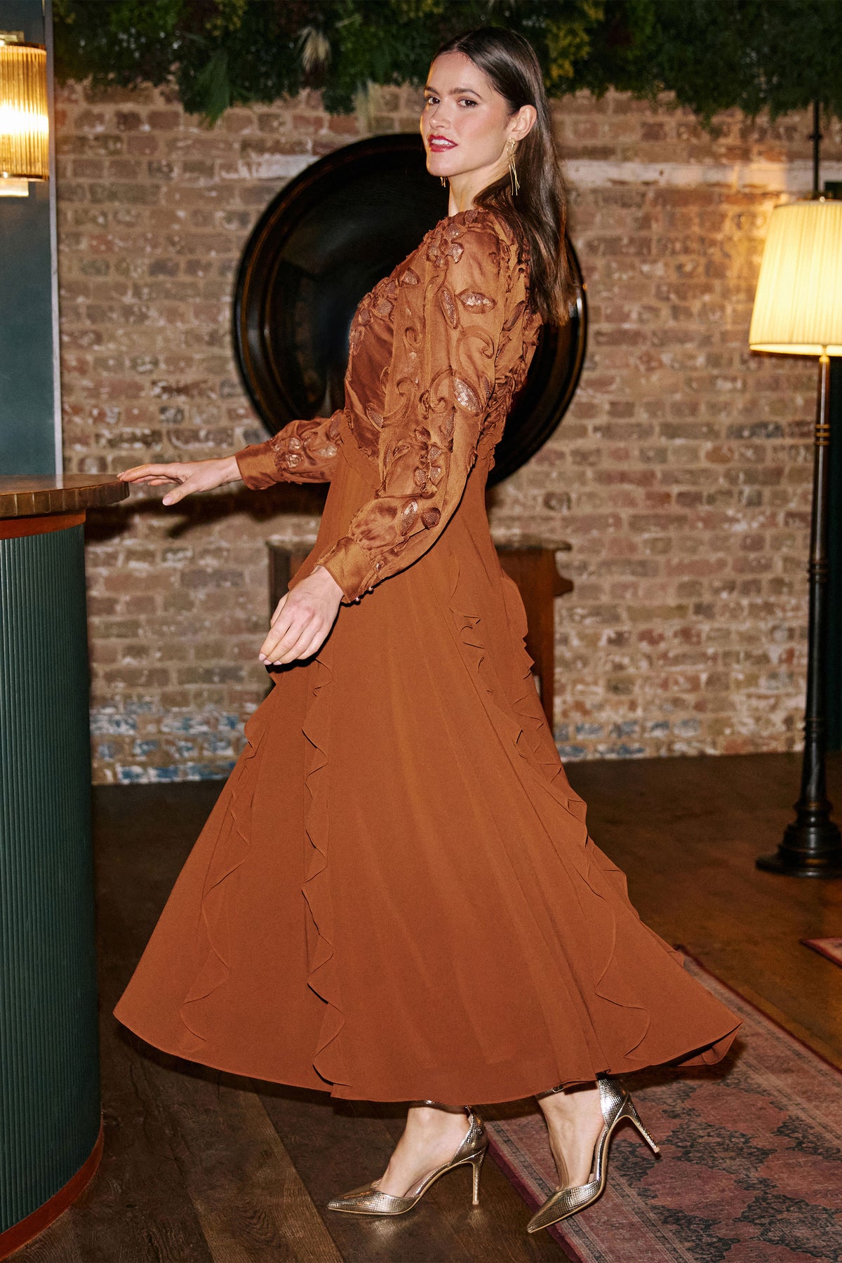 Yumi Brown Sequin Bodice Maxi Dress With Ruffles Dress Party Yumi