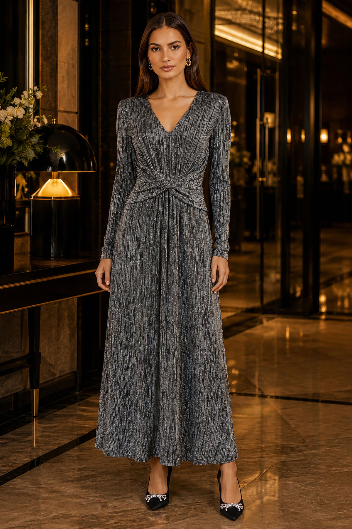 Yumi Black Metallic Twist Waist Maxi Dress Dress Party Yumi