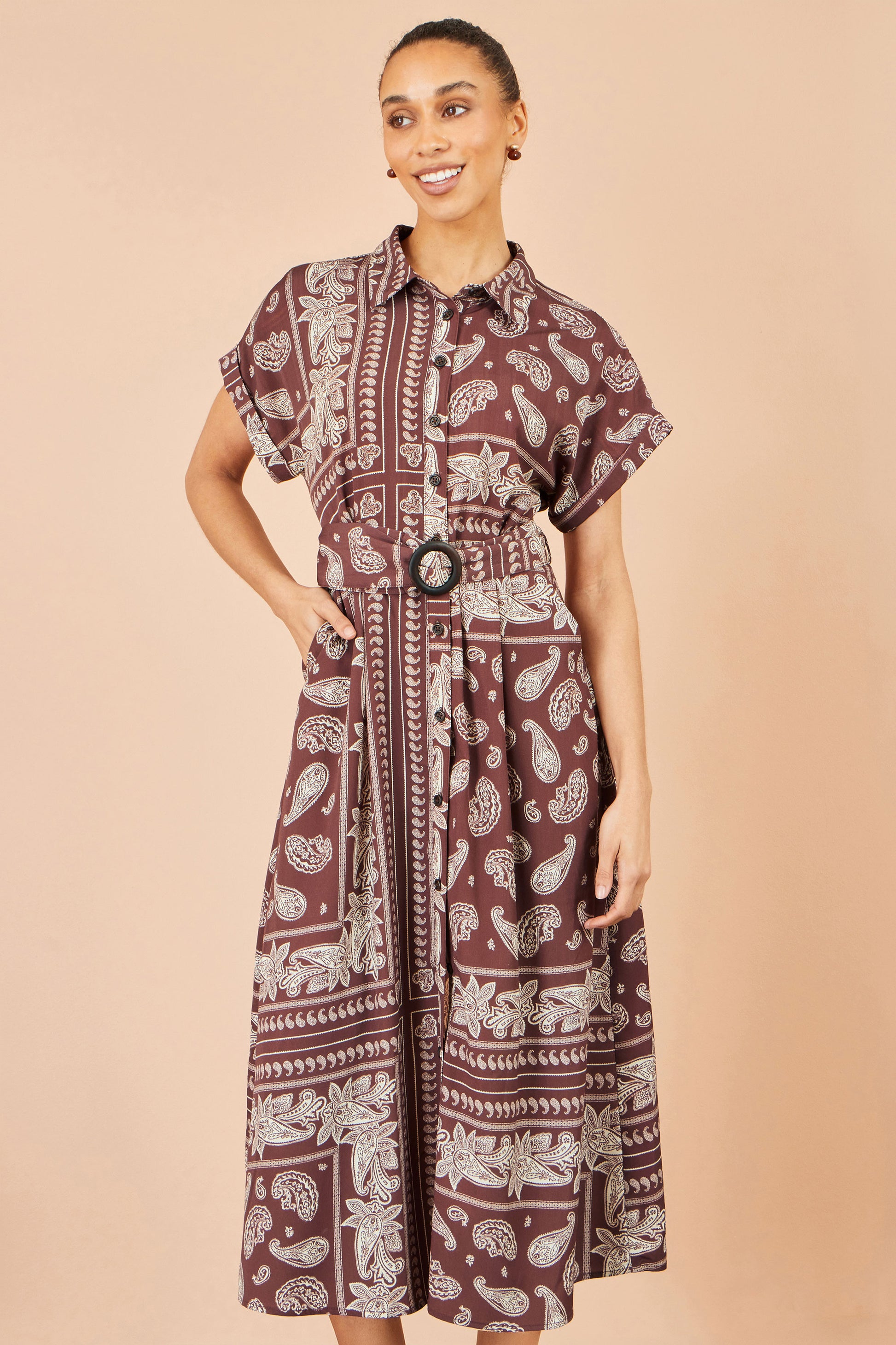 Yumi Brown Scarf Print Midi Shirt Dress Dress Casual Yumi