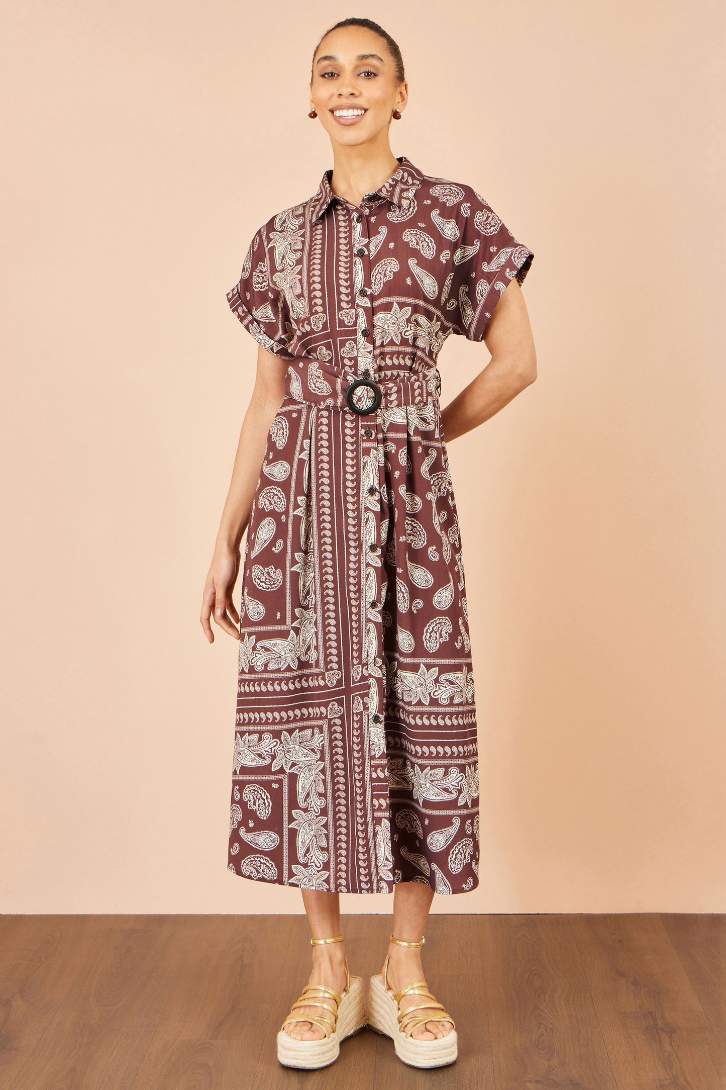 Yumi Brown Scarf Print Midi Shirt Dress Dress Casual Yumi