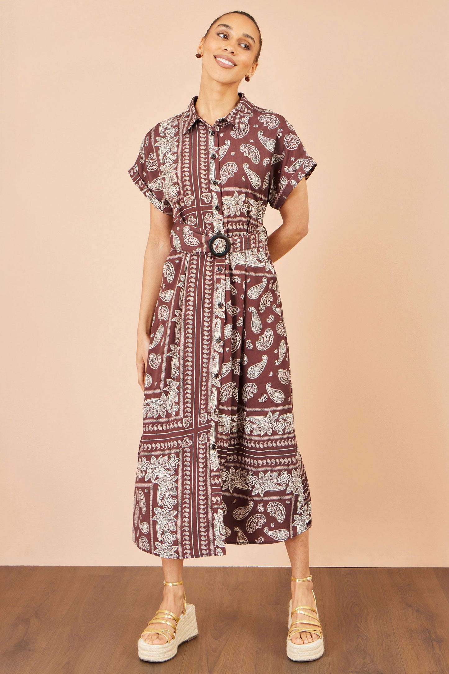 Yumi Brown Scarf Print Midi Shirt Dress Dress Casual Yumi