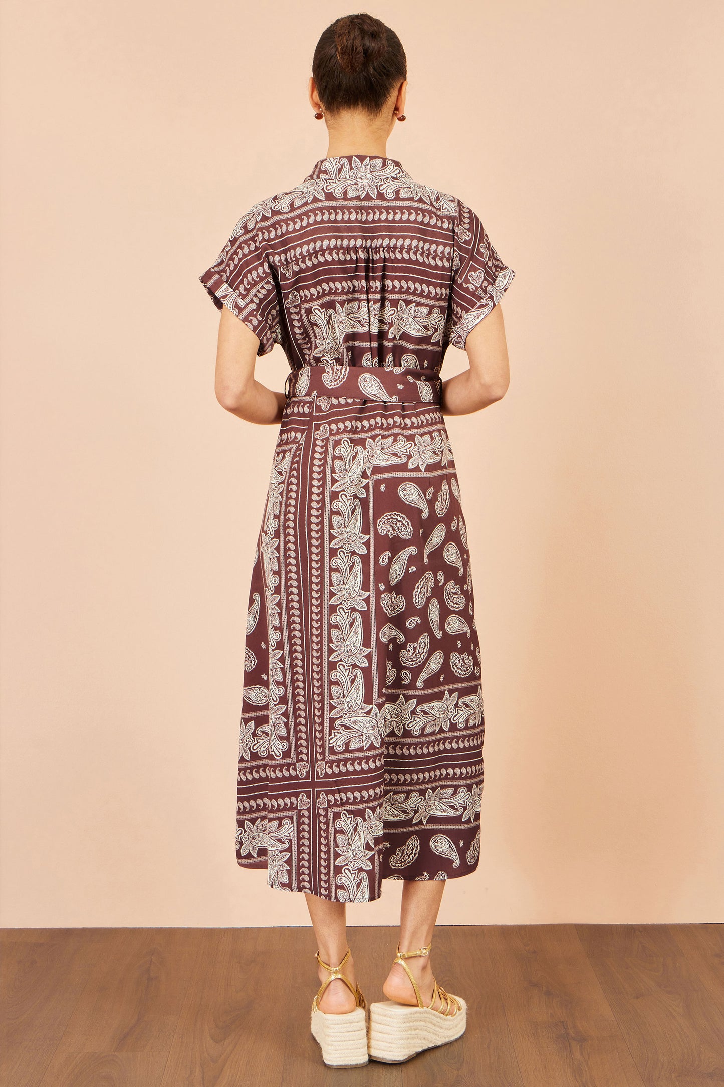 Yumi Brown Scarf Print Midi Shirt Dress Dress Casual Yumi