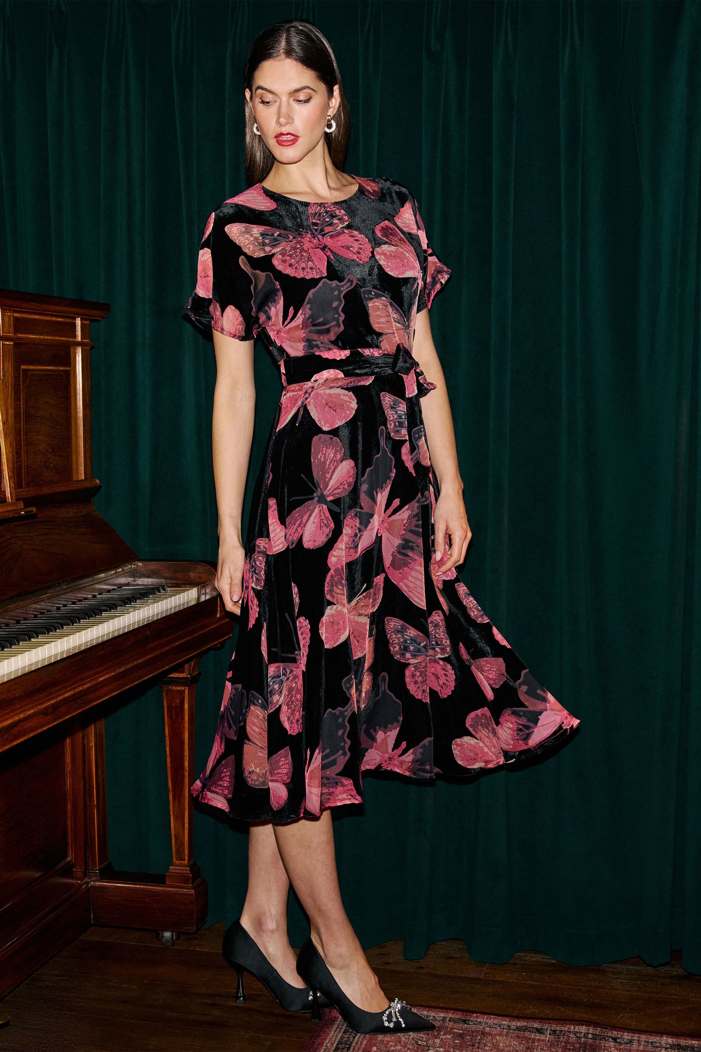 Yumi Black Velvet Butterfly Midi Dress Dress Party Yumi