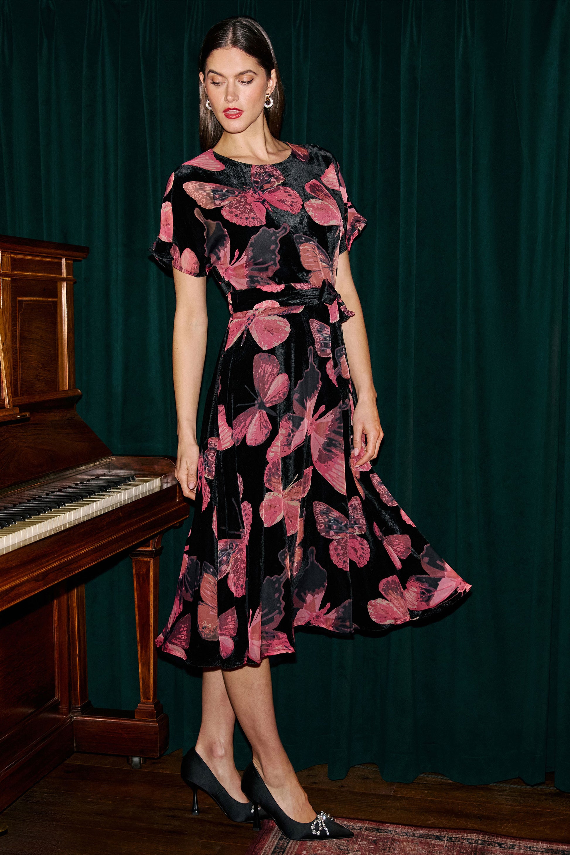 Yumi Black Velvet Butterfly Midi Dress Dress Party Yumi