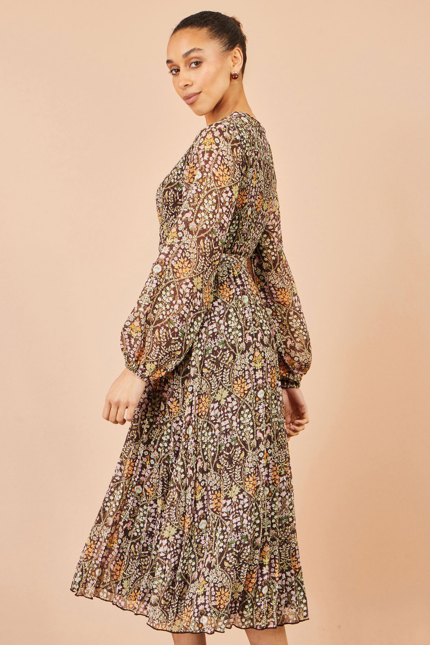 Yumi Brown Ditsy Floral Pleated Midi Dress Dress Occasion Yumi