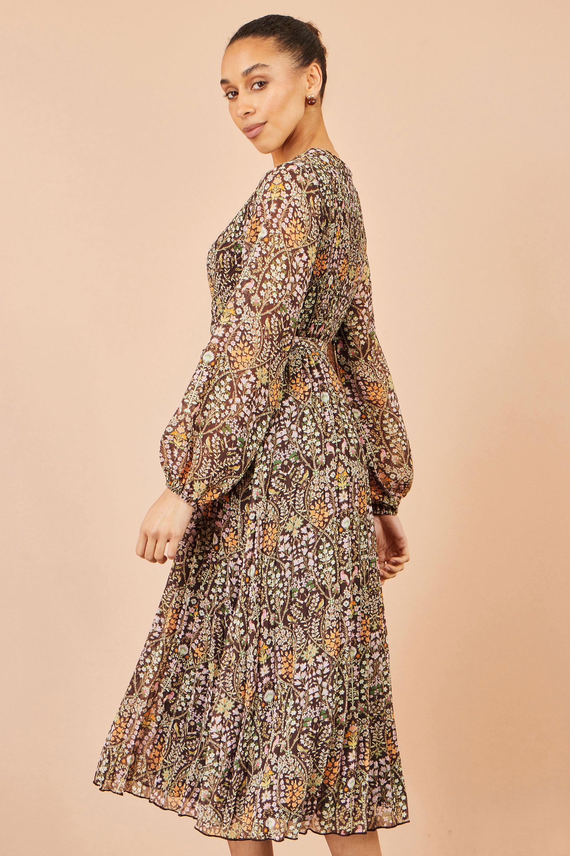 Yumi Brown Ditsy Floral Pleated Midi Dress Dress Occasion Yumi