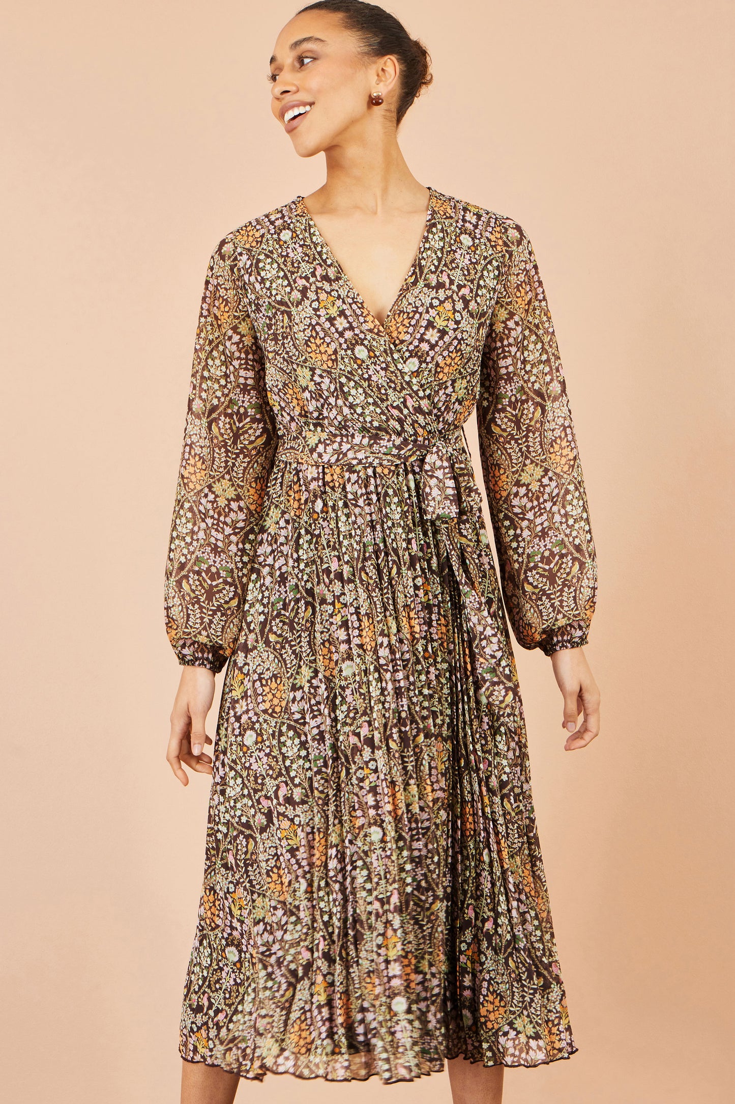 Yumi Brown Ditsy Floral Pleated Midi Dress Dress Occasion Yumi
