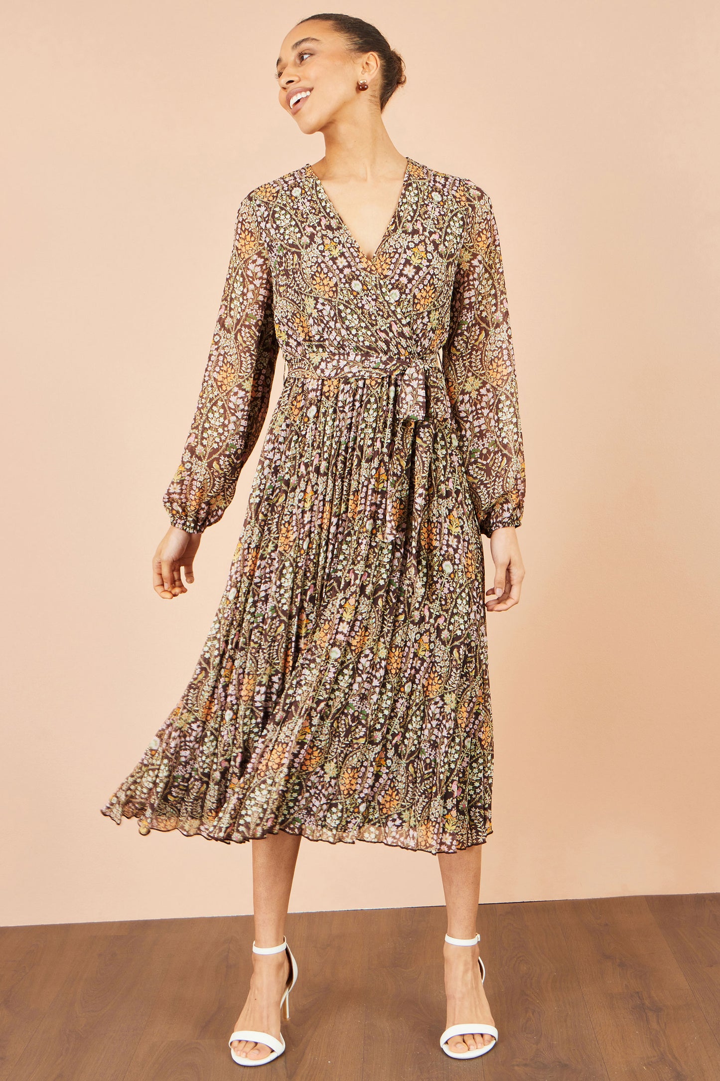 Yumi Brown Ditsy Floral Pleated Midi Dress Dress Occasion Yumi