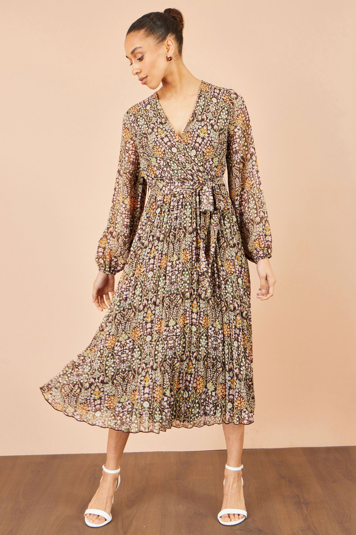 Yumi Brown Ditsy Floral Pleated Midi Dress Dress Occasion Yumi