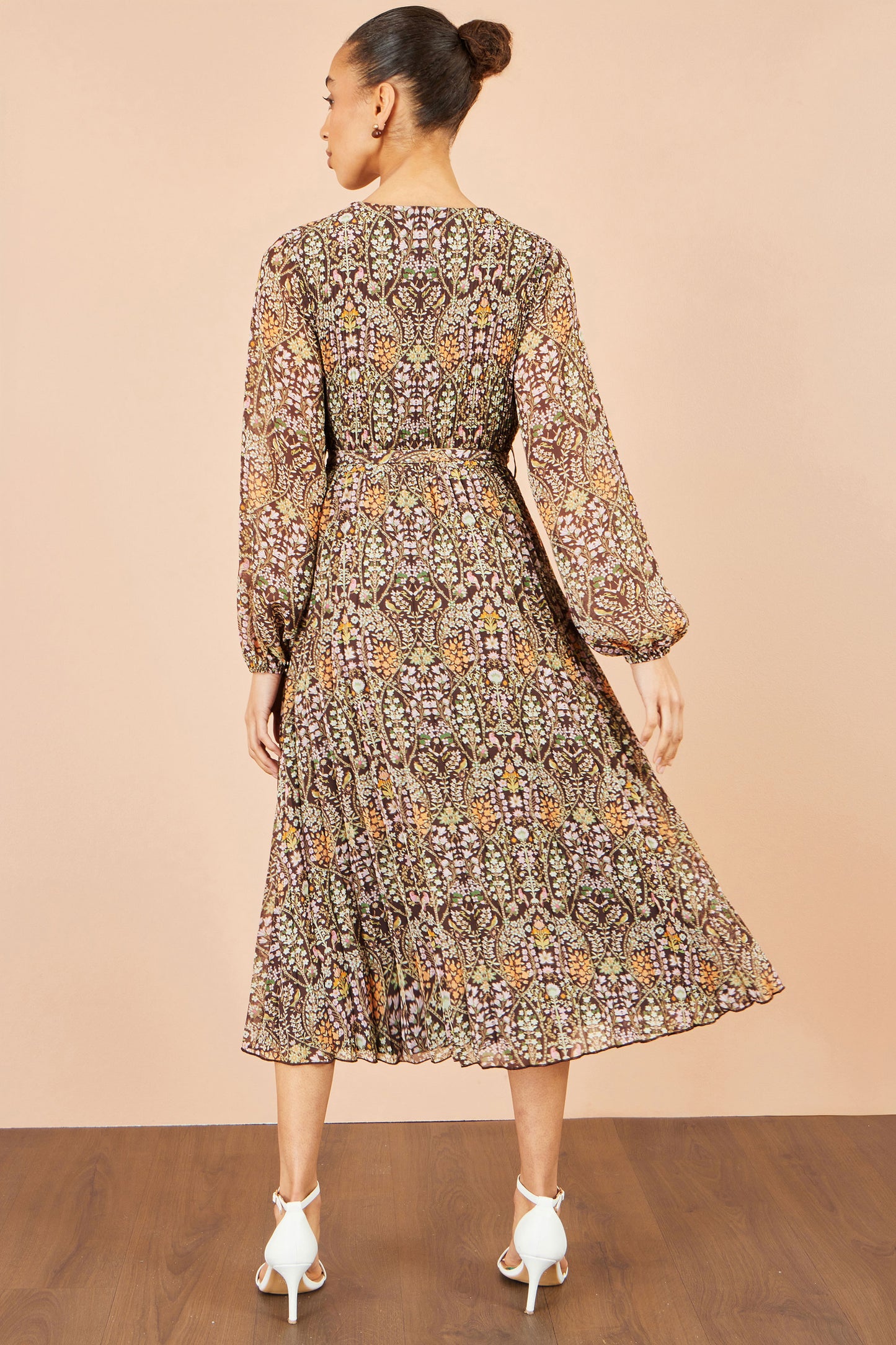 Yumi Brown Ditsy Floral Pleated Midi Dress Dress Occasion Yumi