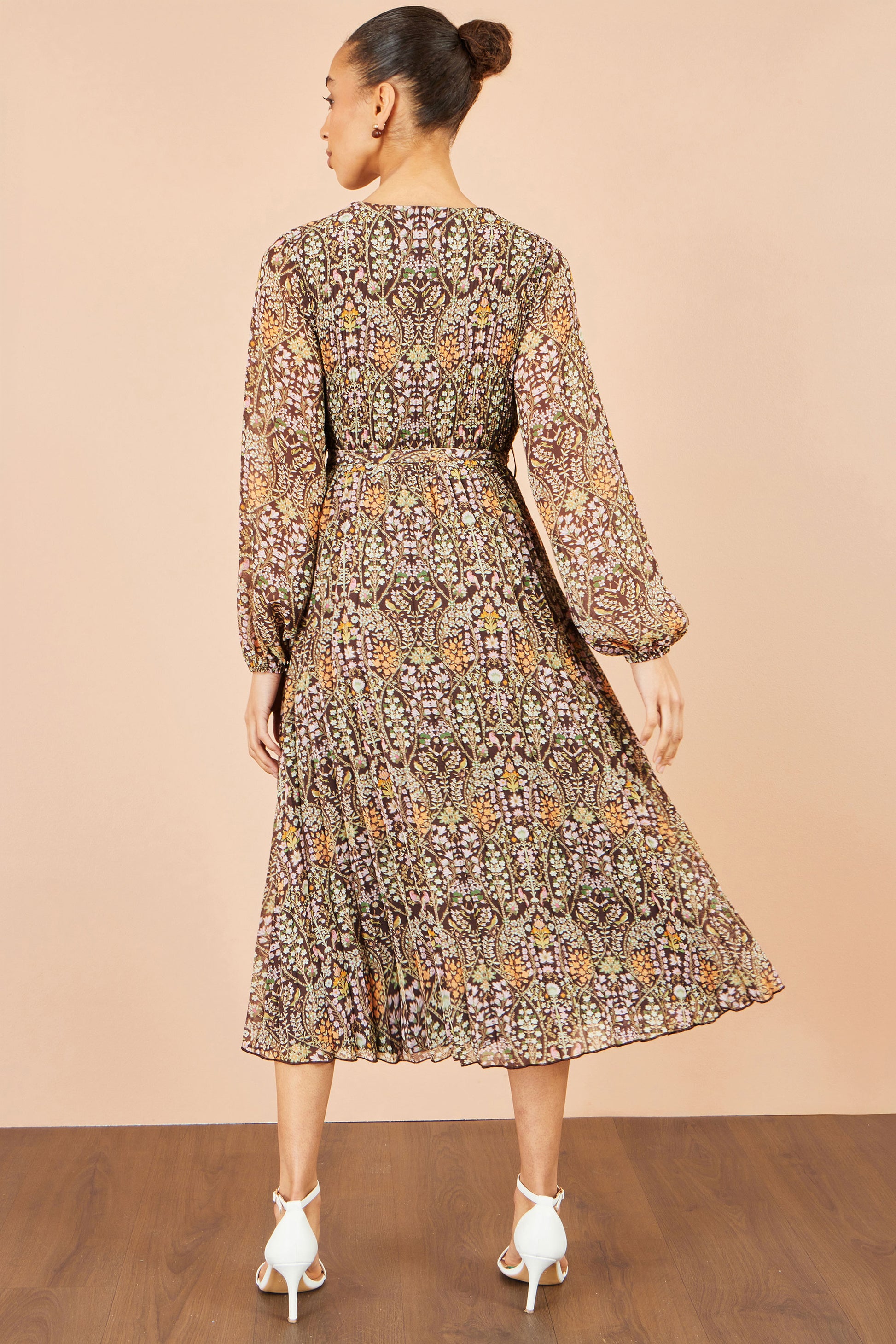 Yumi Brown Ditsy Floral Pleated Midi Dress Dress Occasion Yumi