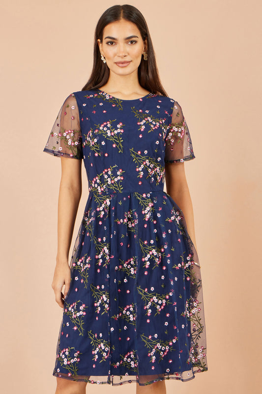 Yumi Navy Embroidered Floral Mesh Prom Dress Dress Occasion Yumi
