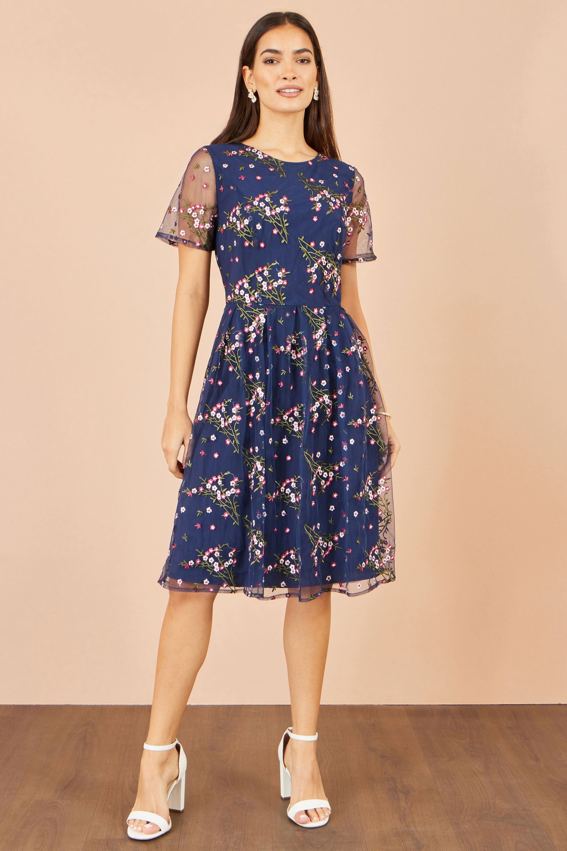 Yumi Navy Embroidered Floral Mesh Prom Dress Dress Occasion Yumi
