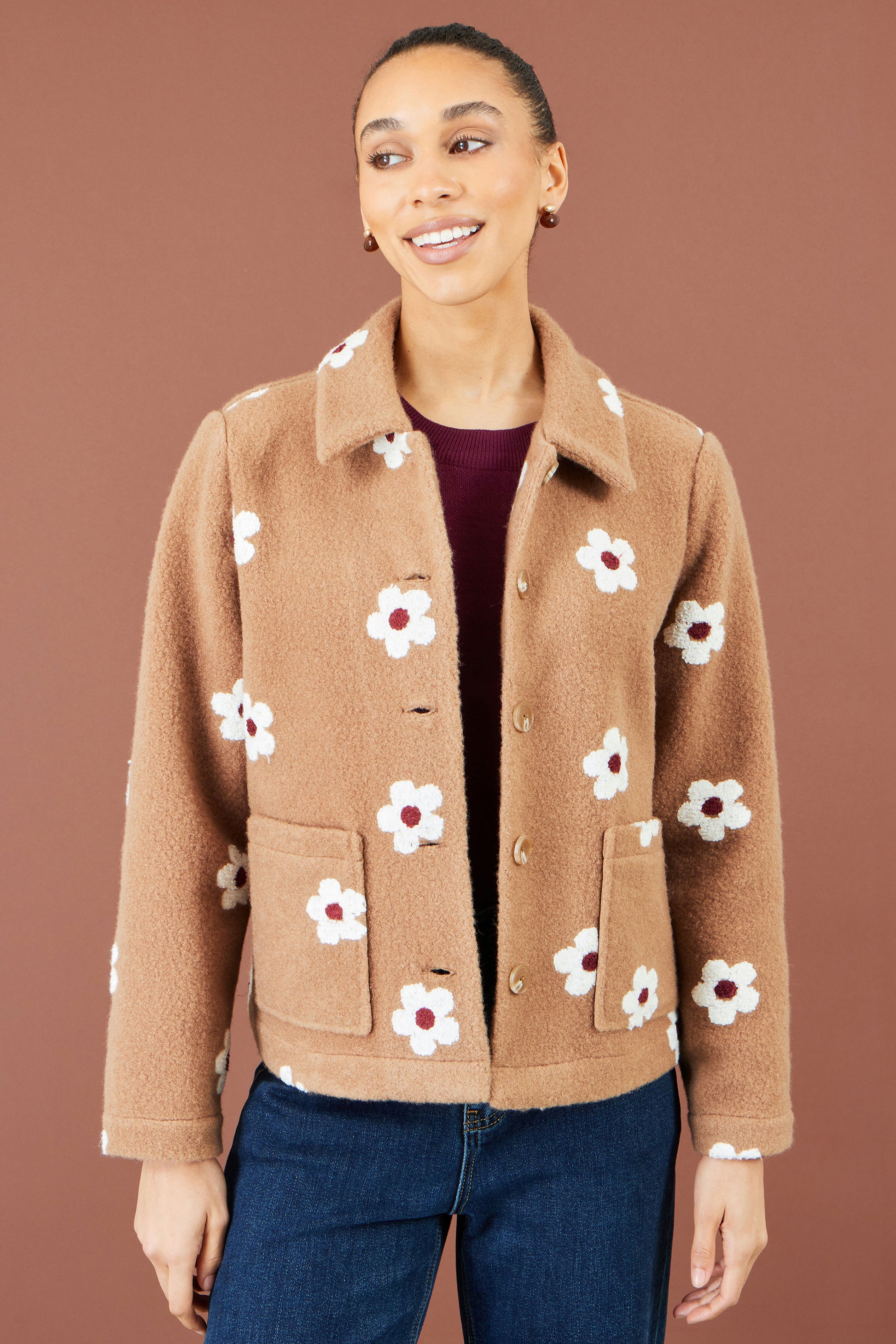 Yumi Brown Embroiderd Daisy Fleece Jacket Outerwear Yumi