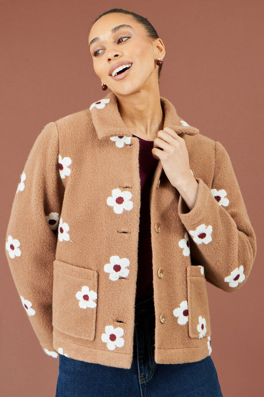 Yumi Brown Embroiderd Daisy Fleece Jacket Outerwear Yumi