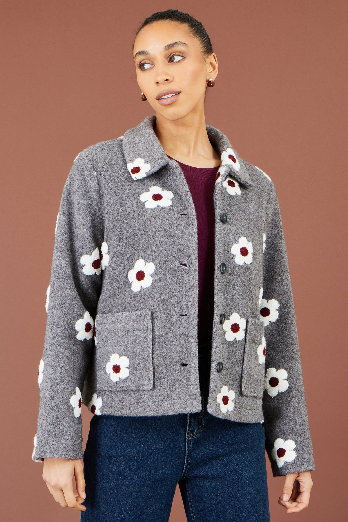 Yumi Grey Embroidered Daisy Fleece Jacket Outerwear Yumi