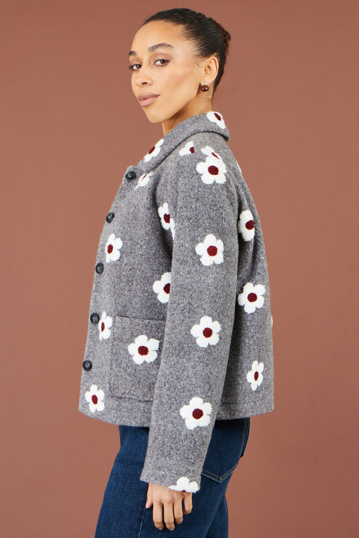 Yumi Grey Embroidered Daisy Fleece Jacket Outerwear Yumi