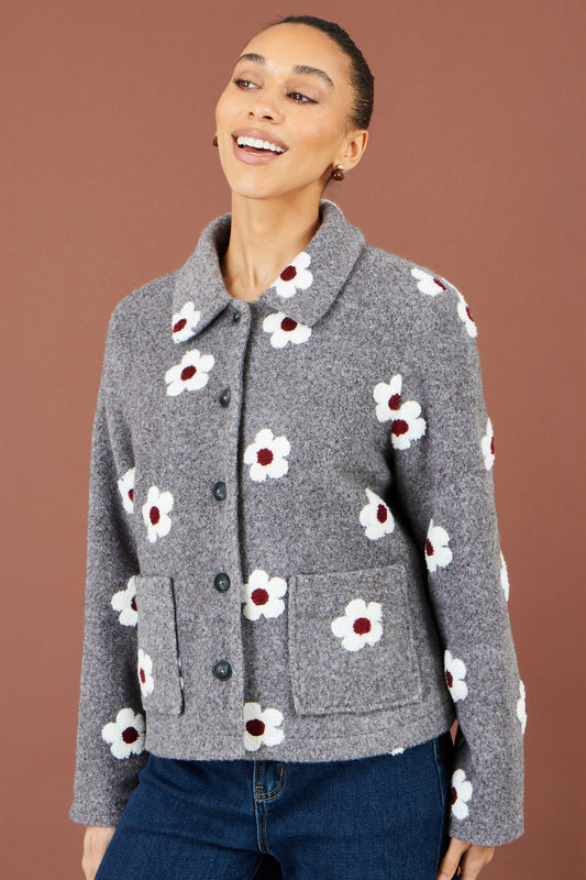 Yumi Grey Embroidered Daisy Fleece Jacket Outerwear Yumi